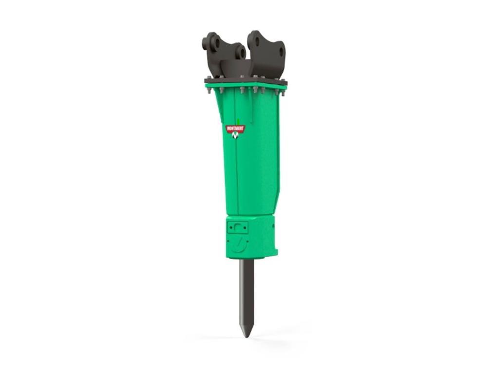Montabert medium hydraulic breaker in vibrant green, featuring top mounting brackets and a sturdy chisel point.