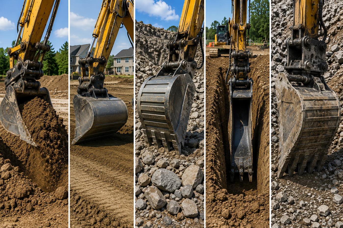 Comparison of excavator bucket types for digging, grading, trenching, rock excavation, and heavy-duty applications.