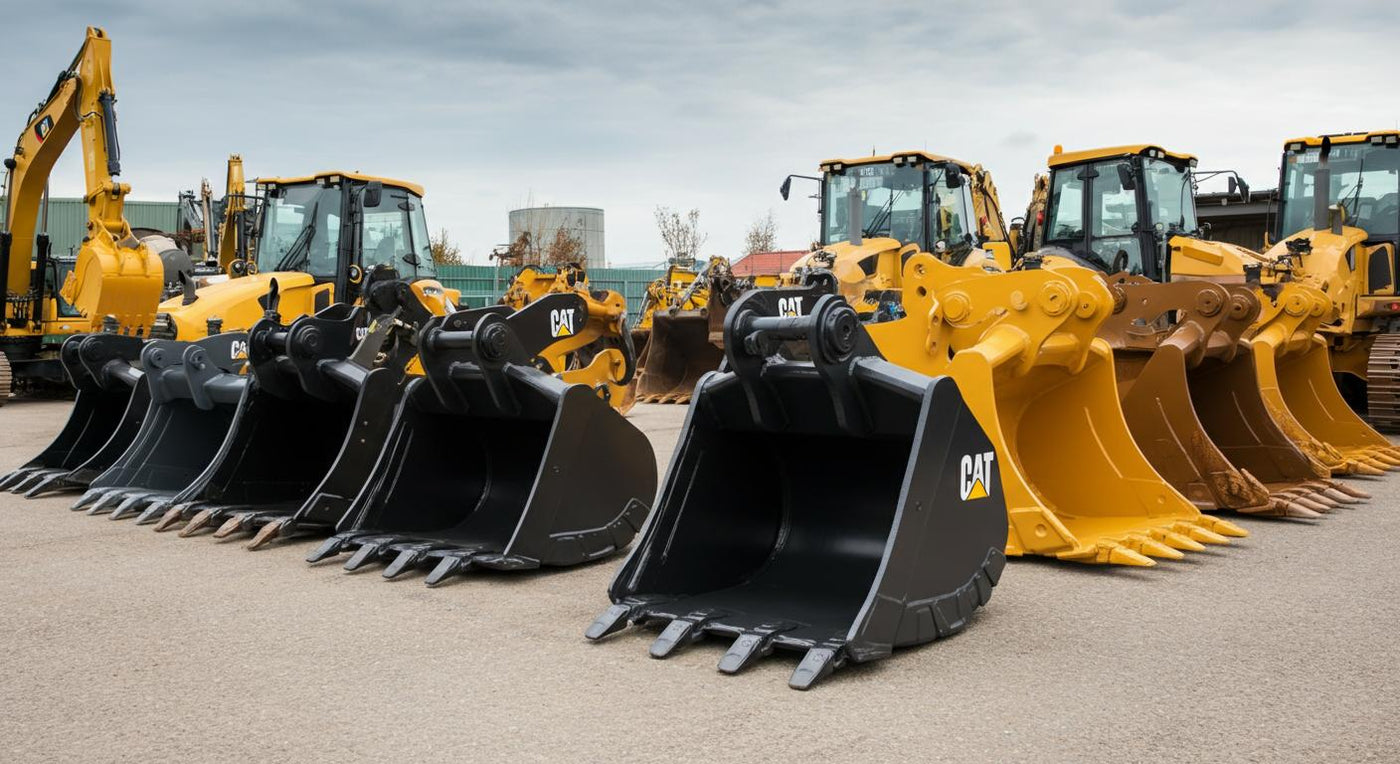 Excavator buckets and attachments displayed at an equipment dealership for contractors comparing rental and purchase options.