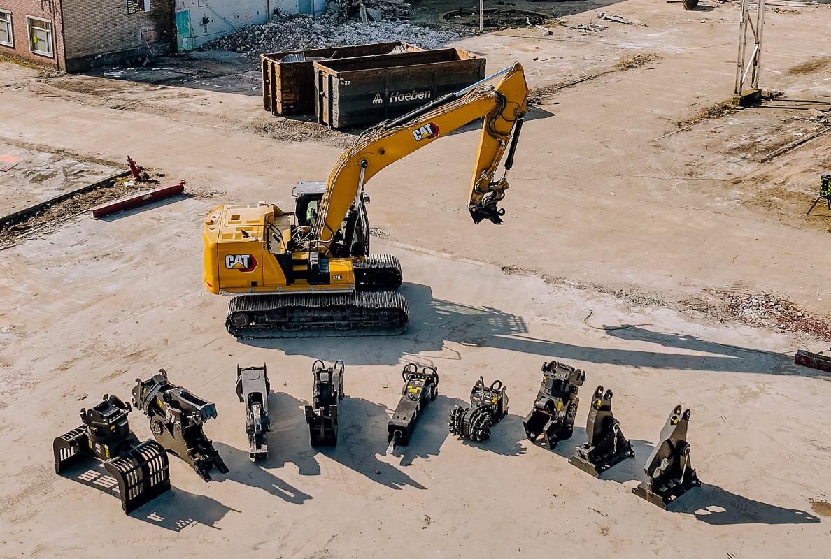 Excavator attachments including buckets, hydraulic breaker, grapple, quick coupler, ripper, and plate compactor displayed for machine compatibility.