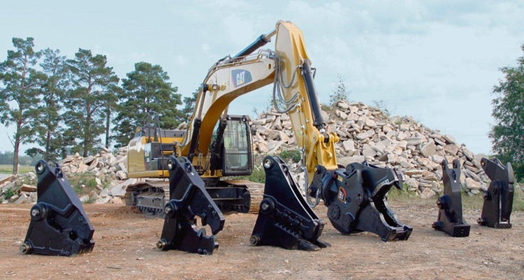 Excavator with buckets, breaker, grapple, ripper, crusher, pulverizer, and forks for multi-use applications.