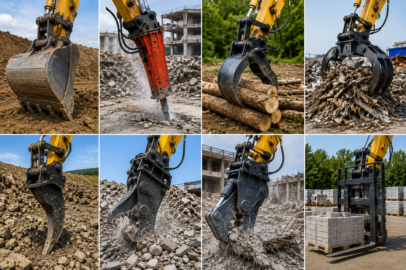 Collection of excavator attachments including buckets, hydraulic breakers, thumbs, grapples, rippers, crushers, pulverizers, and pallet forks.
