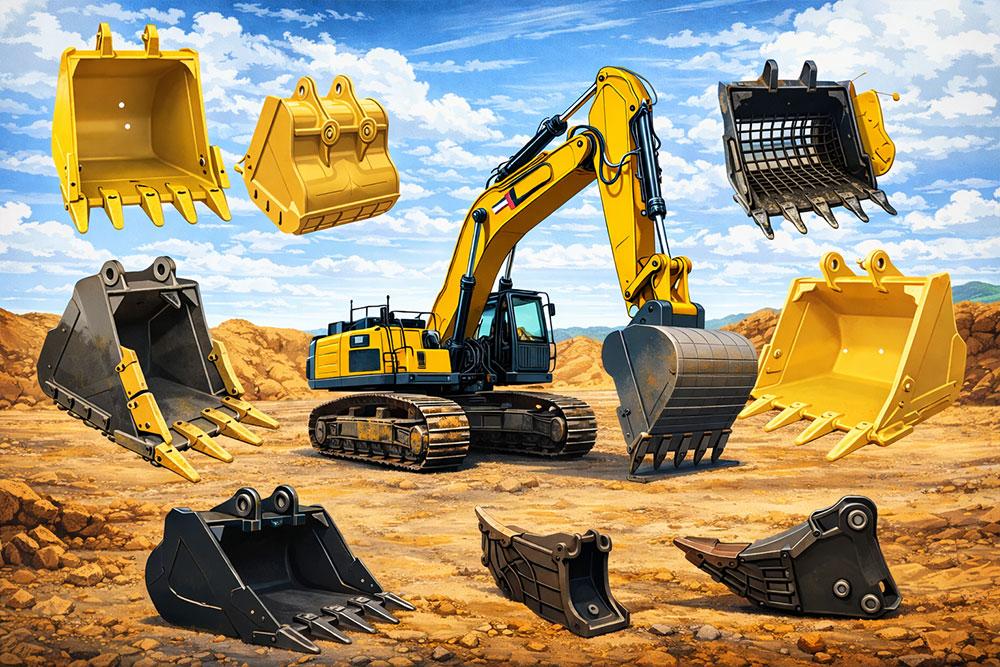 Various excavator bucket types including digging, cleanup, rock, trenching, and severe duty buckets on a construction site