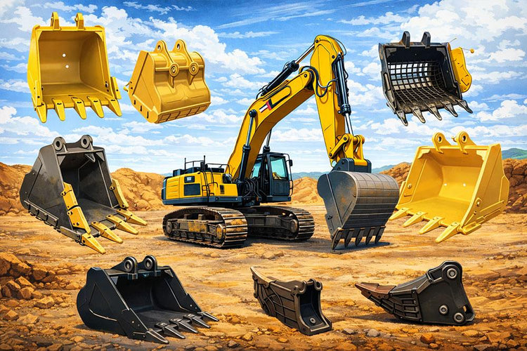 Various excavator bucket types including digging, cleanup, rock, trenching, and severe duty buckets on a construction site