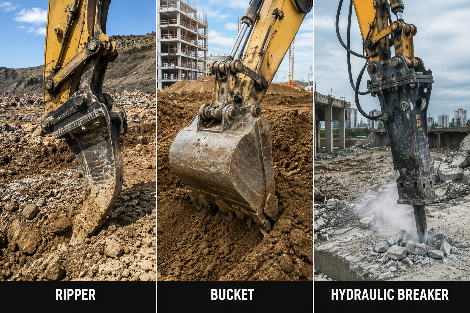 Side-by-side comparison of an excavator ripper, digging bucket, and hydraulic breaker for excavation, demolition, and ground preparation applications.