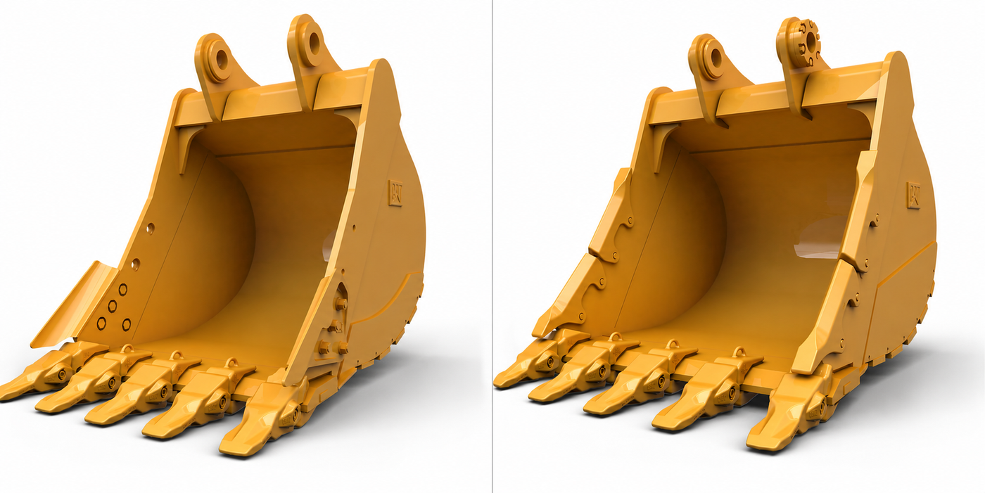 Side-by-side comparison of heavy-duty and severe-duty excavator buckets for construction, rock excavation, and demolition applications.