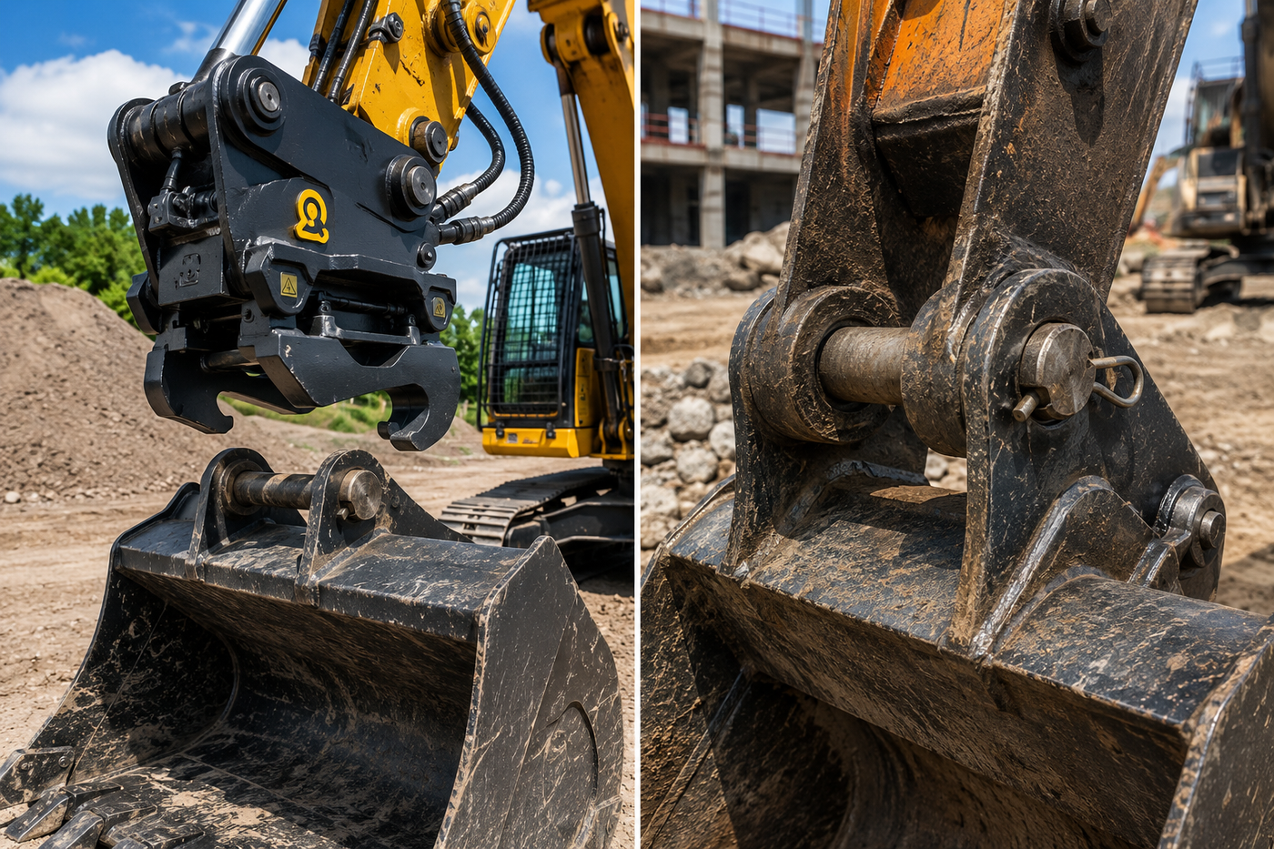 Hydraulic quick coupler compared with a manual pin-on excavator attachment for construction equipment applications.