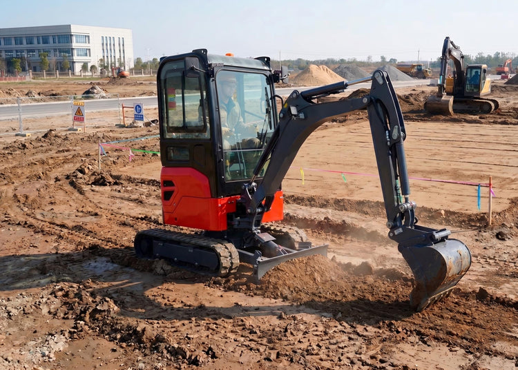 Mini excavator using a digging bucket for site preparation and utility trenching on a residential construction project.