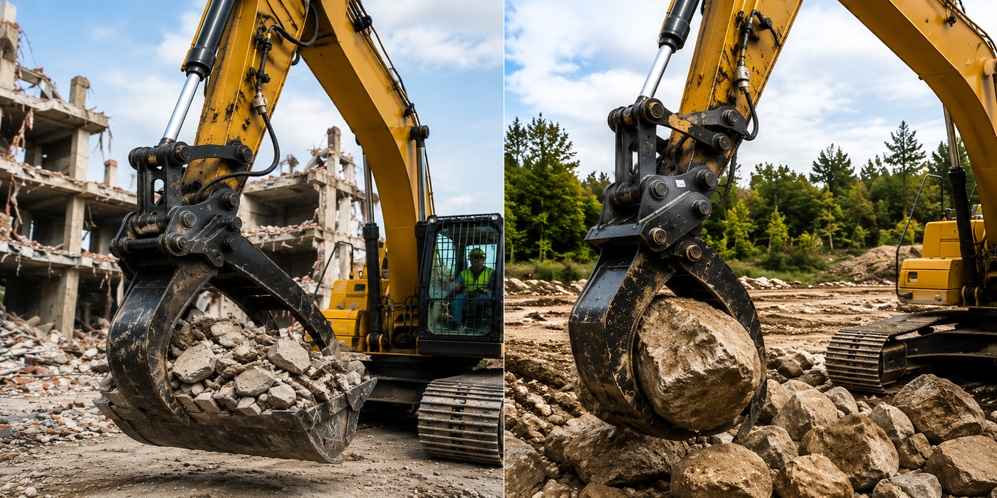Side-by-side comparison of hydraulic and mechanical excavator thumbs used for demolition cleanup and rock handling.