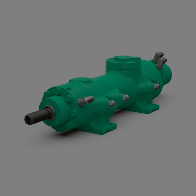 3D view of a green Montabert hydraulic drifter showcasing its robust construction, precision-engineered components, and sleek design.