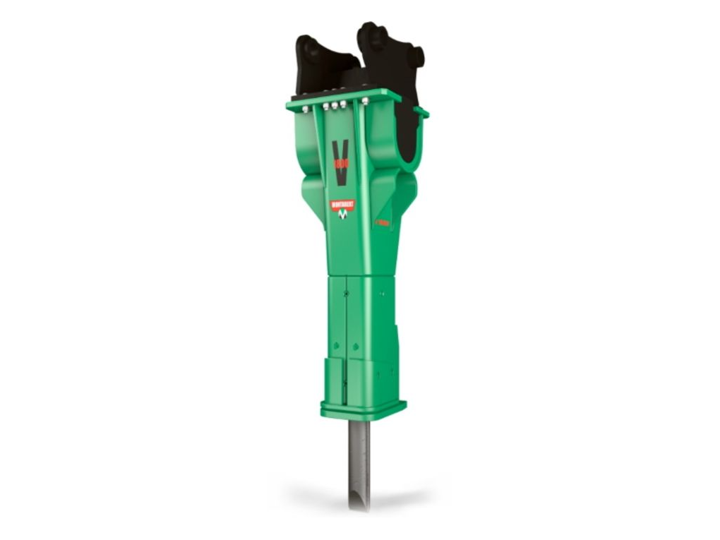 Green Montabert heavy hydraulic breaker with distinctive branding, top mounting brackets, and a robust chisel.
