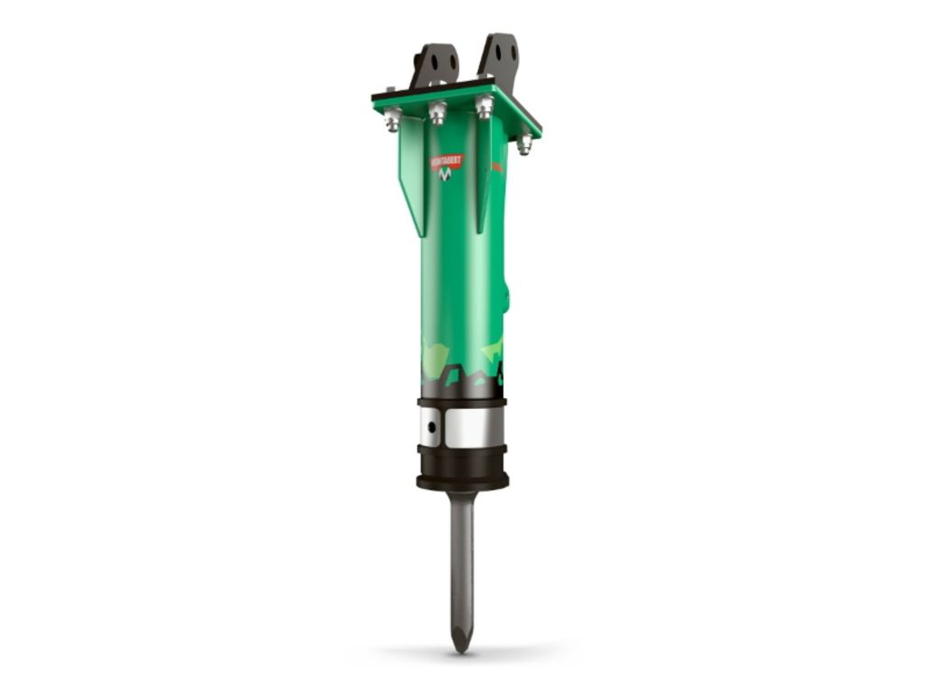 Isolated view of Montabert's compact hydraulic breaker in signature green with a sharp chisel point, showcasing its sleek design.