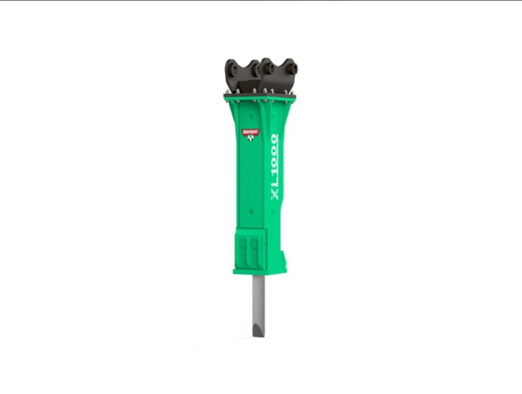 Green Montabert XL1000 hydraulic breaker with distinctive branding and a metallic chisel.