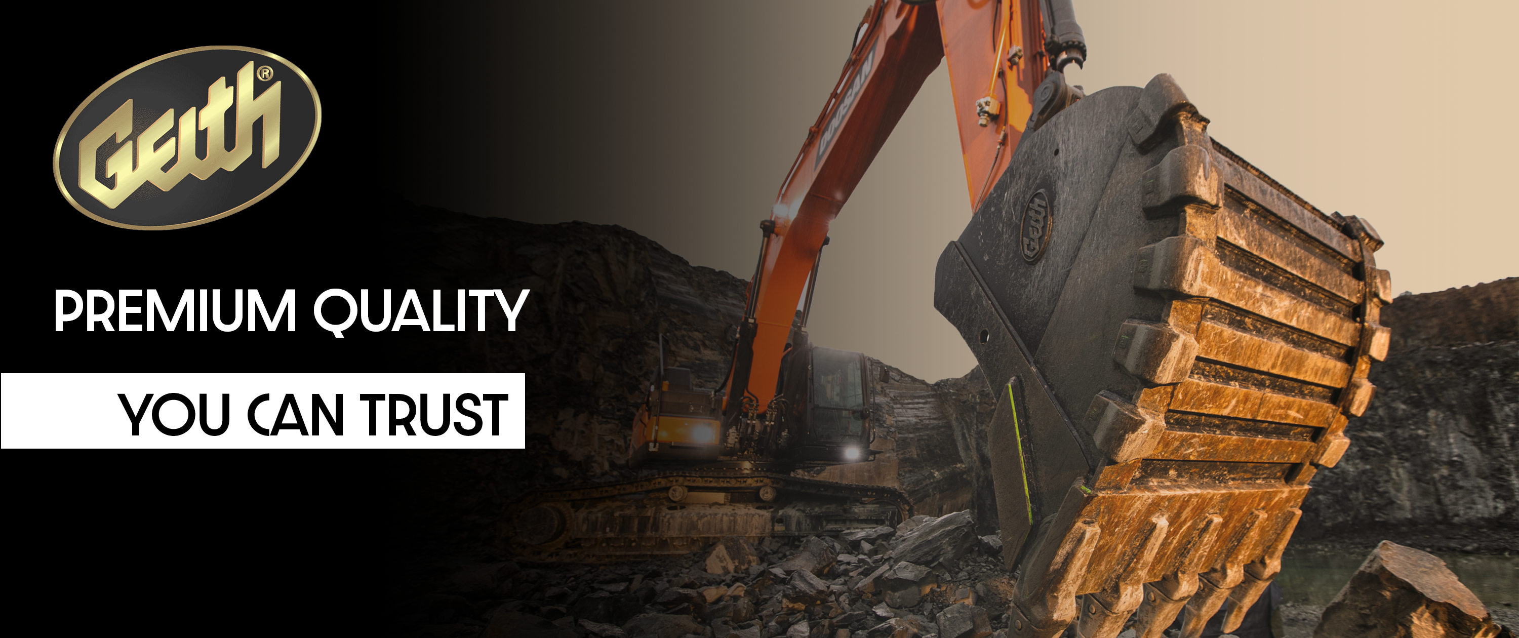 Geith® logo with 'Premium Quality You Can Trust' text, showcasing an orange excavator and rugged Geith® attachment in a rocky excavation site.