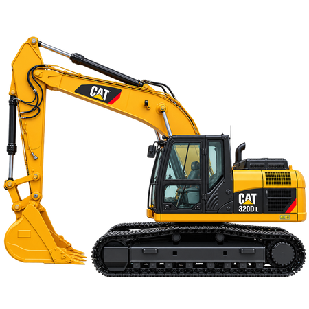 Yellow Caterpillar 320D L excavator with black tracks, yellow boom and arm, yellow bucket, enclosed cab, and yellow engine housing on a transparent background.