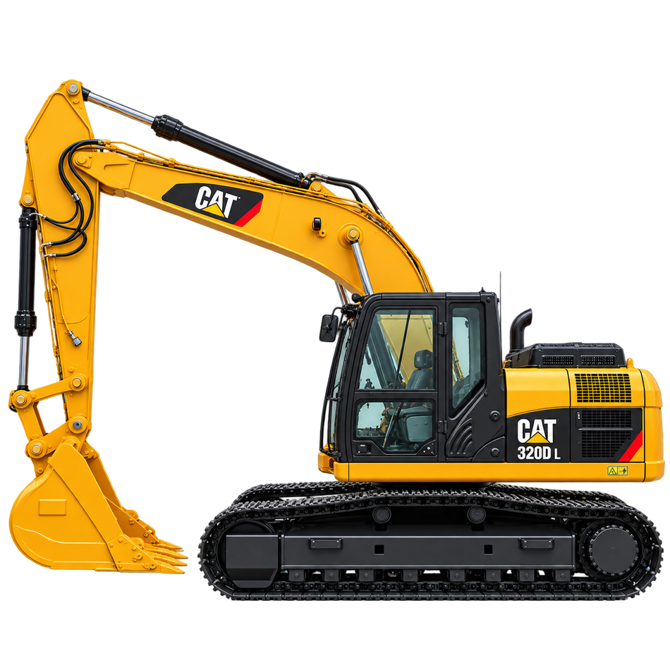 Yellow Caterpillar 320D L excavator with black tracks, yellow boom and arm, yellow bucket, enclosed cab, and yellow engine housing on a transparent background.