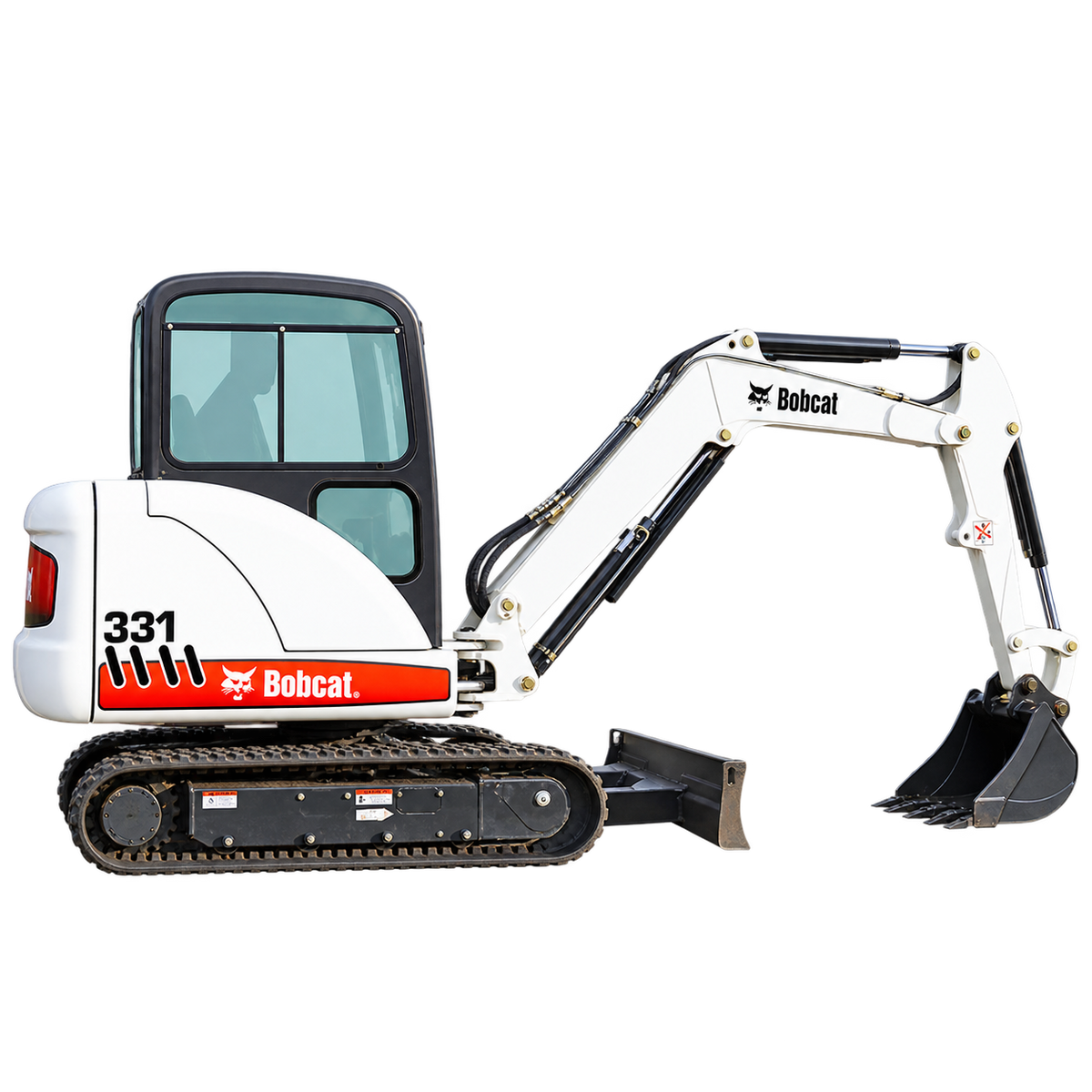 White Bobcat 331 compact excavator with black tracks, black bucket, black cab, and front blade on a transparent background.