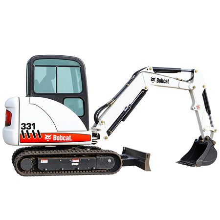 White Bobcat 331 compact excavator with black tracks, black bucket, black cab, and front blade on a transparent background.