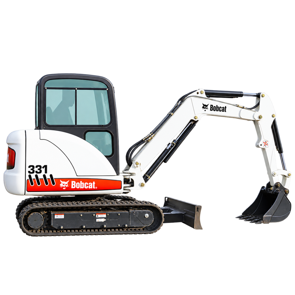 White Bobcat 331 compact excavator with black tracks, black bucket, black cab, and front blade on a transparent background.