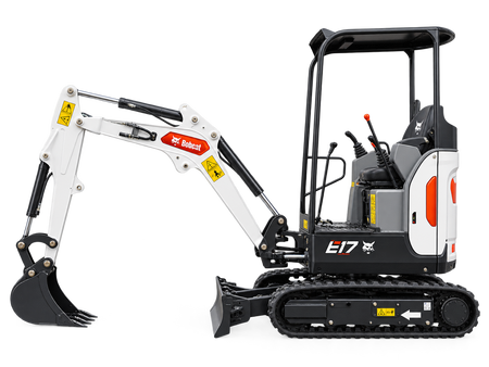 White Bobcat E17 compact excavator with black tracks, black bucket, black canopy, and front blade on a white background.