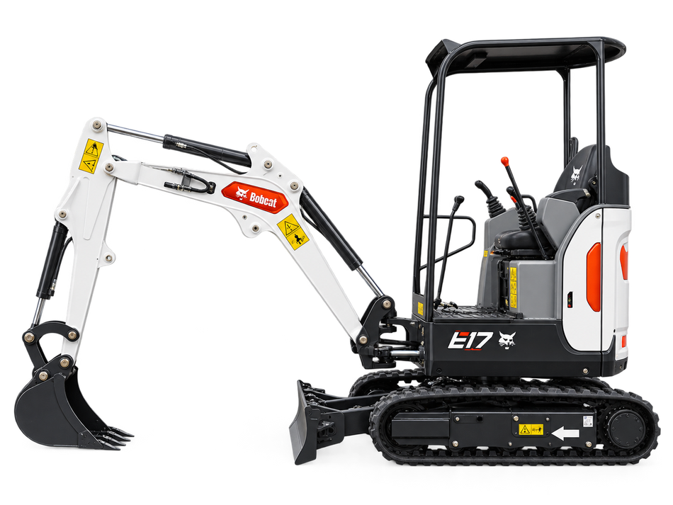 White Bobcat E17 compact excavator with black tracks, black bucket, black canopy, and front blade on a white background.