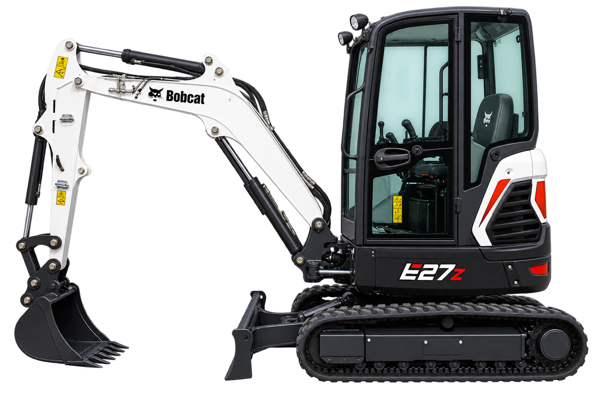 White Bobcat E27z compact excavator with black tracks, black bucket, enclosed cab, and front blade on a transparent background.