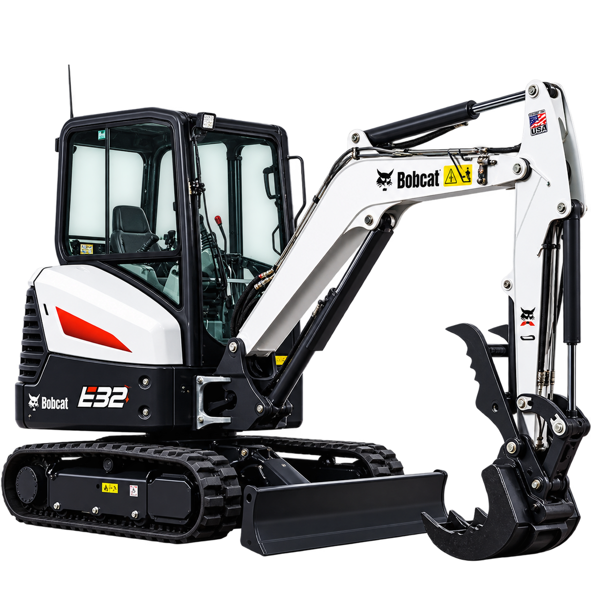 White Bobcat E32 compact excavator with black tracks, enclosed cab, white boom and arm, black bucket, and black dozer blade on a transparent background.