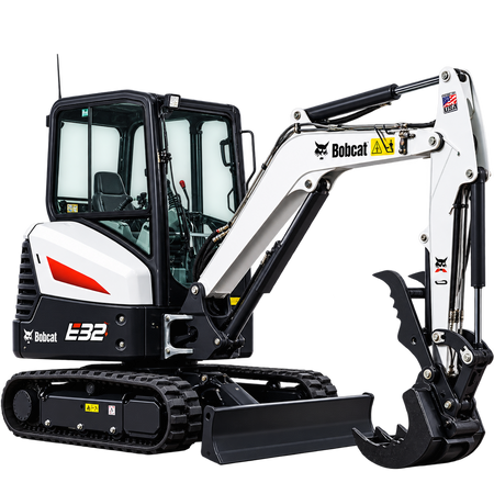 White Bobcat E32 compact excavator with black tracks, enclosed cab, white boom and arm, black bucket, and black dozer blade on a transparent background.