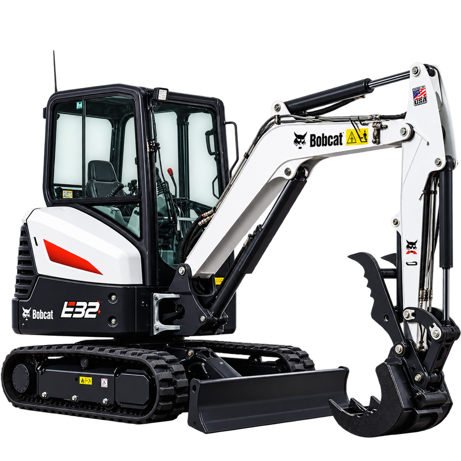White Bobcat E32 compact excavator with black tracks, enclosed cab, white boom and arm, black bucket, and black dozer blade on a transparent background.