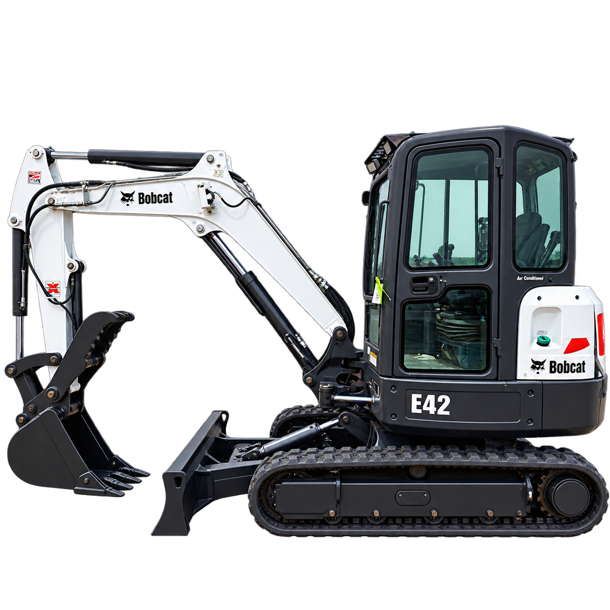 White Bobcat E42 compact excavator with black tracks, enclosed cab, black bucket, and front blade on a transparent background.