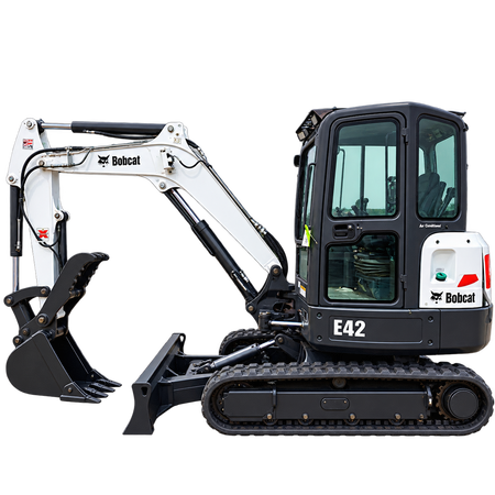 White Bobcat E42 compact excavator with black tracks, enclosed cab, black bucket, and front blade on a transparent background.