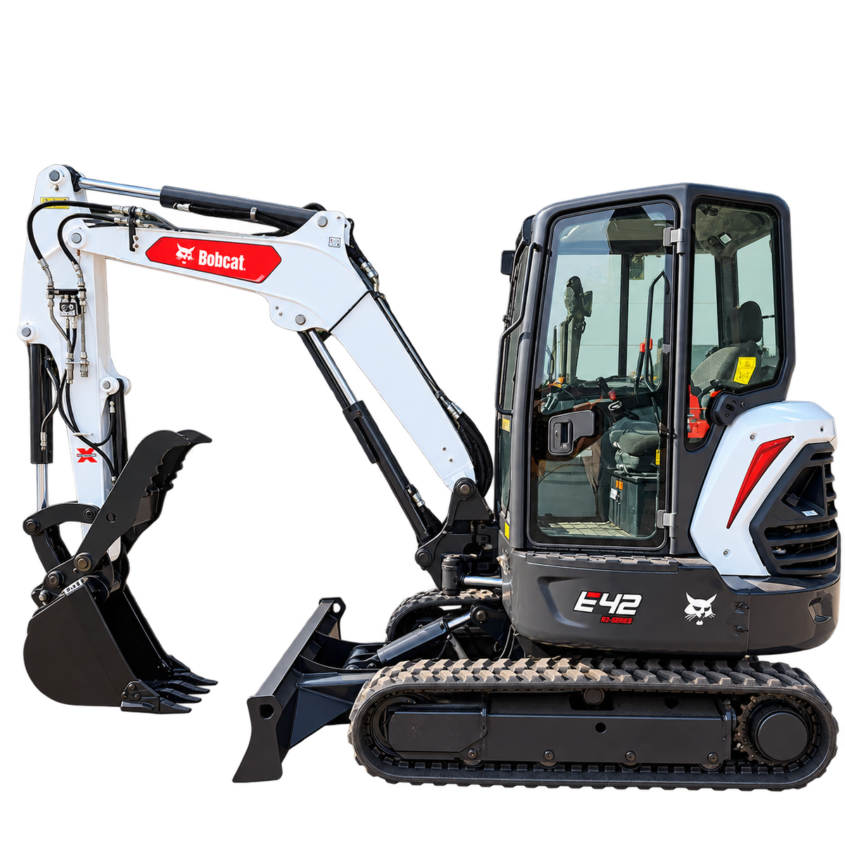 White Bobcat E42 R-Series compact excavator with black tracks, enclosed cab, black bucket, and front blade on a transparent background.