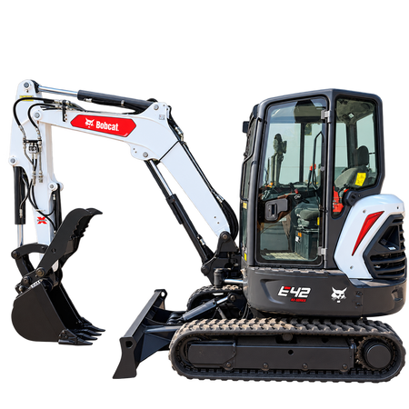 White Bobcat E42 R-Series compact excavator with black tracks, enclosed cab, black bucket, and front blade on a transparent background.