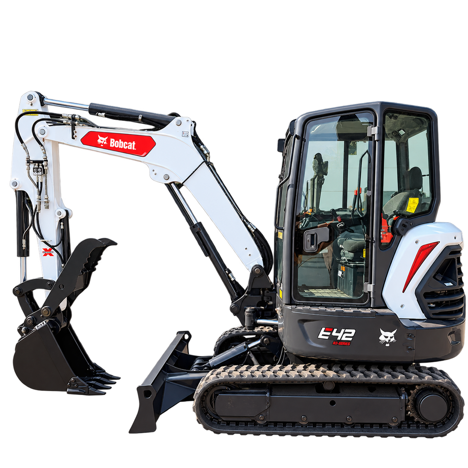 White Bobcat E42 R-Series compact excavator with black tracks, enclosed cab, black bucket, and front blade on a transparent background.