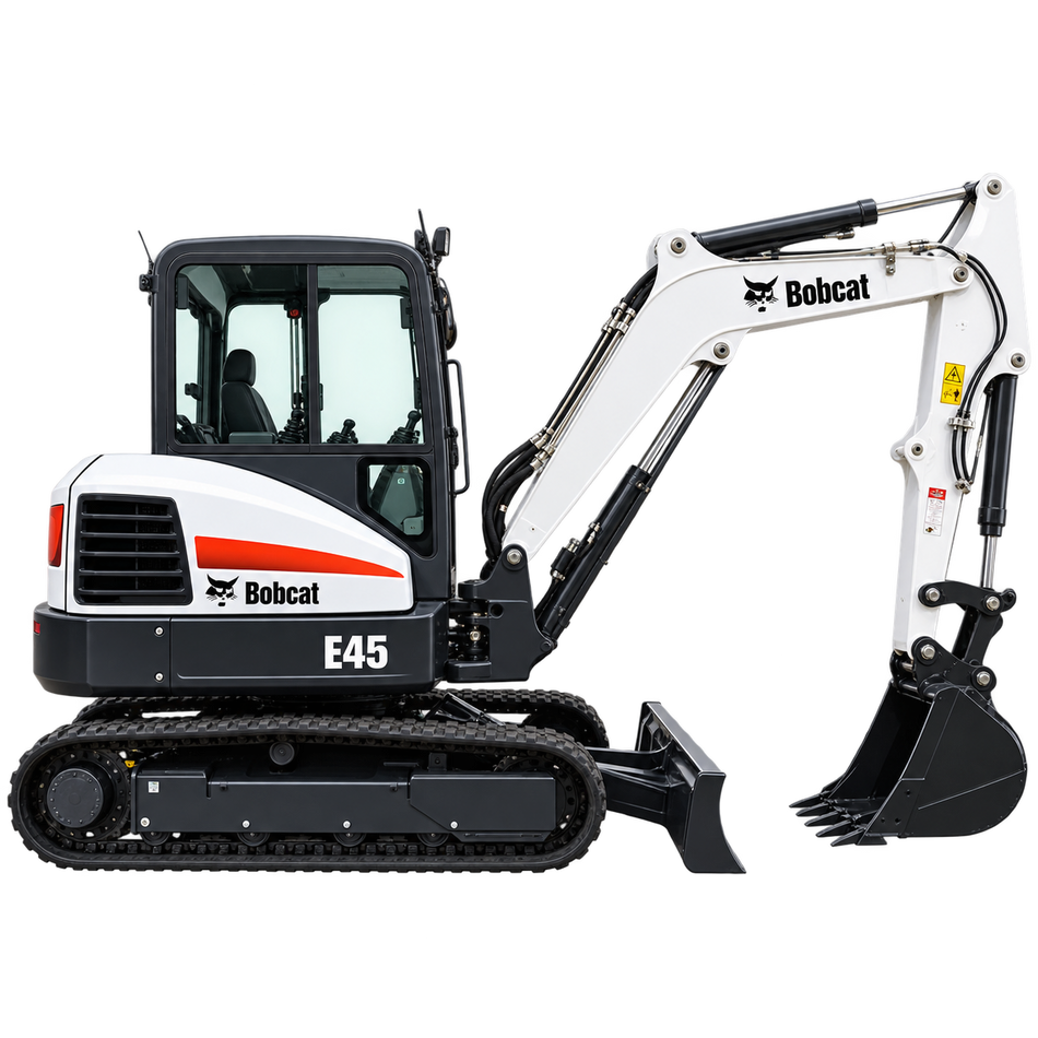 White Bobcat E45 zero tail swing compact hydraulic excavator with black bucket, blade, and tracks on a white background
