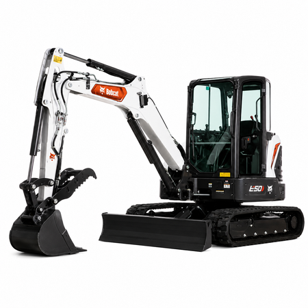White Bobcat E50 R2 compact excavator with black bucket, blade, and tracks on a white background