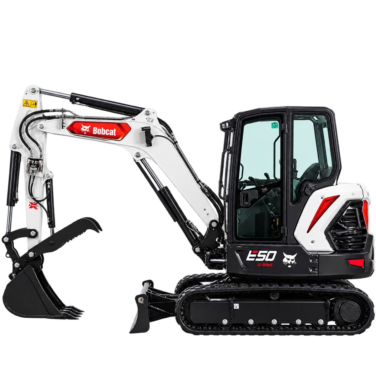 White and black Bobcat E50 R2 Series excavator with black tracks, black bucket, enclosed cab, front blade, and red Bobcat branding on a transparent background.