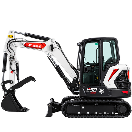 White and black Bobcat E50 R2 Series excavator with black tracks, black bucket, enclosed cab, front blade, and red Bobcat branding on a transparent background.