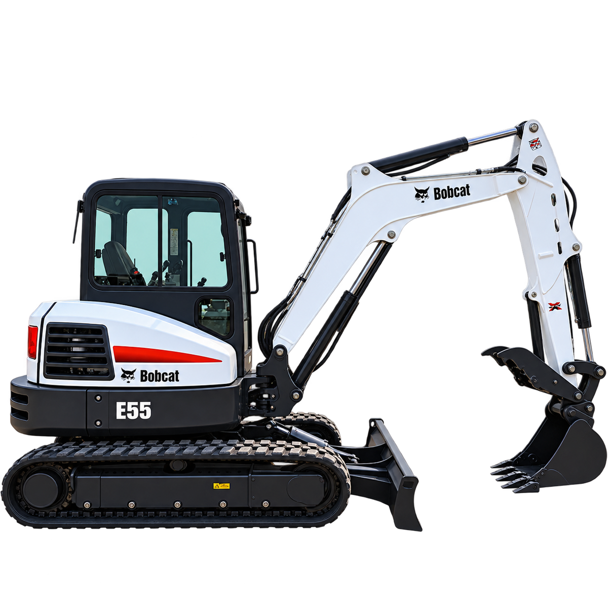 White Bobcat E55 compact excavator with black tracks, enclosed cab, black bucket, and front blade on a transparent background.