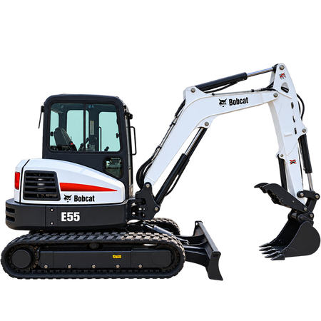 White Bobcat E55 compact excavator with black tracks, enclosed cab, black bucket, and front blade on a transparent background.