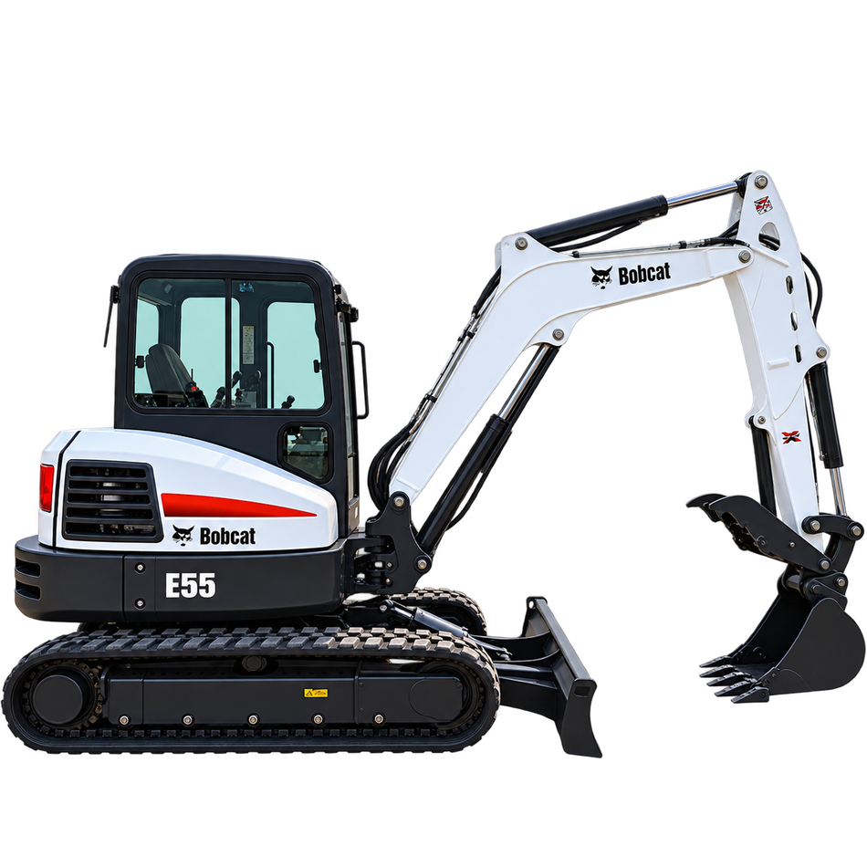 White Bobcat E55 compact excavator with black tracks, enclosed cab, black bucket, and front blade on a transparent background.