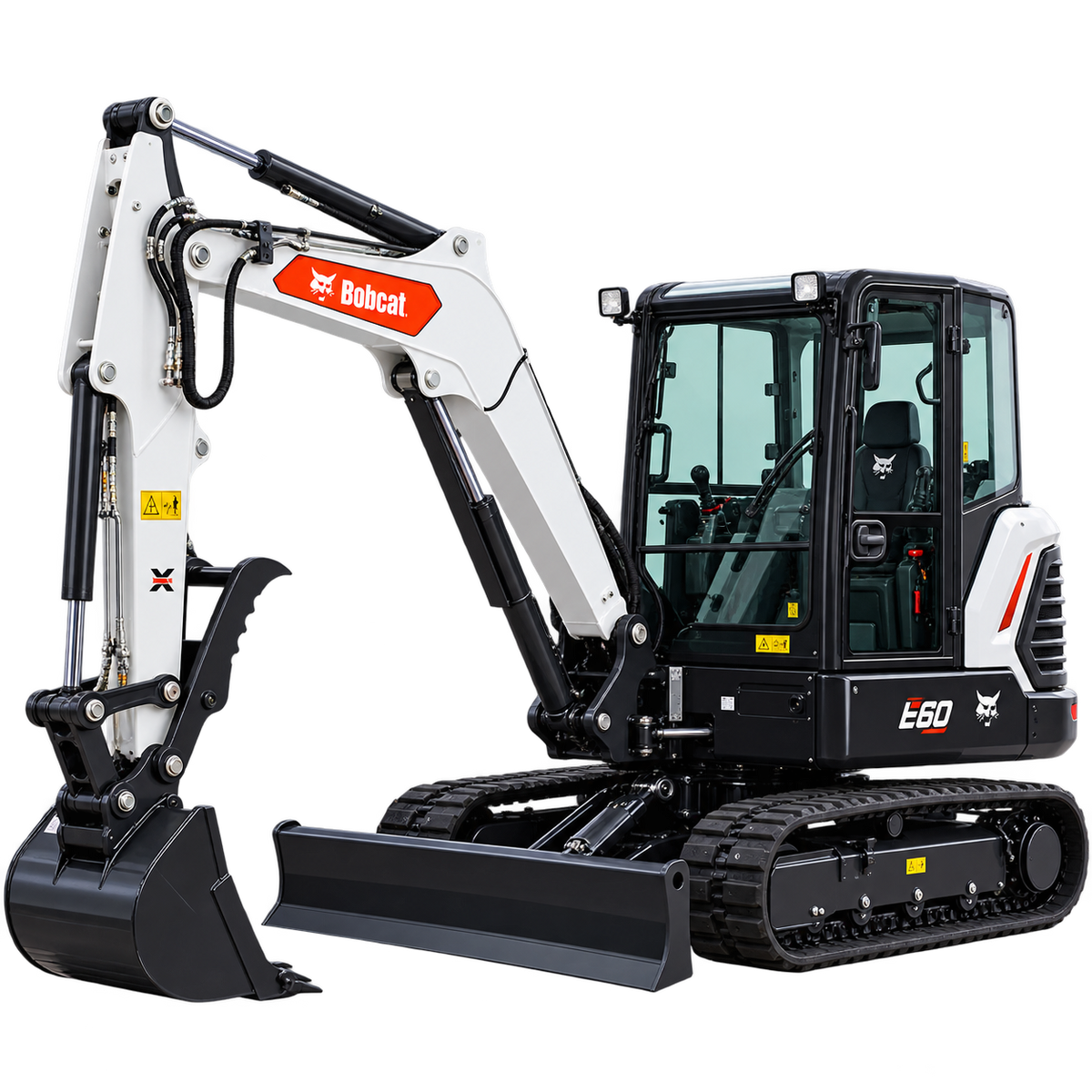 White Bobcat E60 excavator with black tracks, enclosed cab, white boom and arm, black bucket, and black dozer blade on a transparent background.