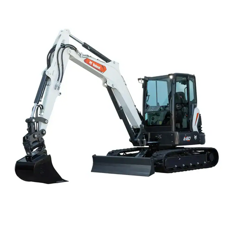 White Bobcat E60 compact excavator with black bucket, blade, and tracks on a white background