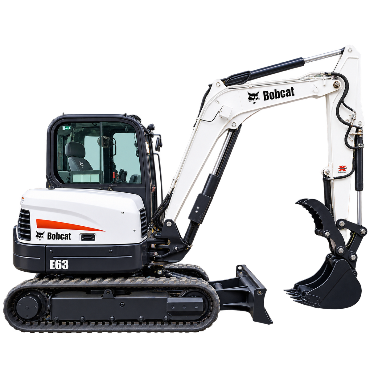 White Bobcat E63 excavator with black tracks, black bucket, enclosed cab, and front blade on a transparent background.