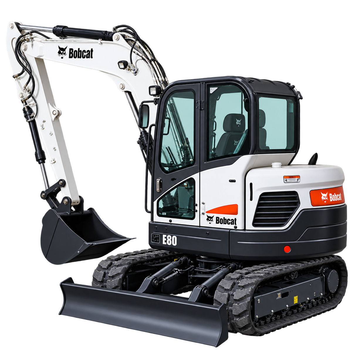 White Bobcat E80 excavator with black tracks, black bucket, enclosed cab, and front blade on a transparent background.