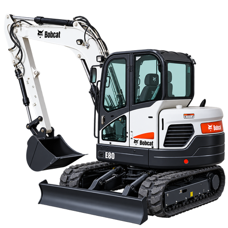 White Bobcat E80 excavator with black tracks, black bucket, enclosed cab, and front blade on a transparent background.