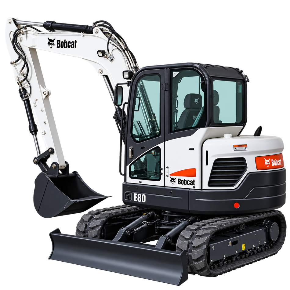 White Bobcat E80 excavator with black tracks, black bucket, enclosed cab, and front blade on a transparent background.