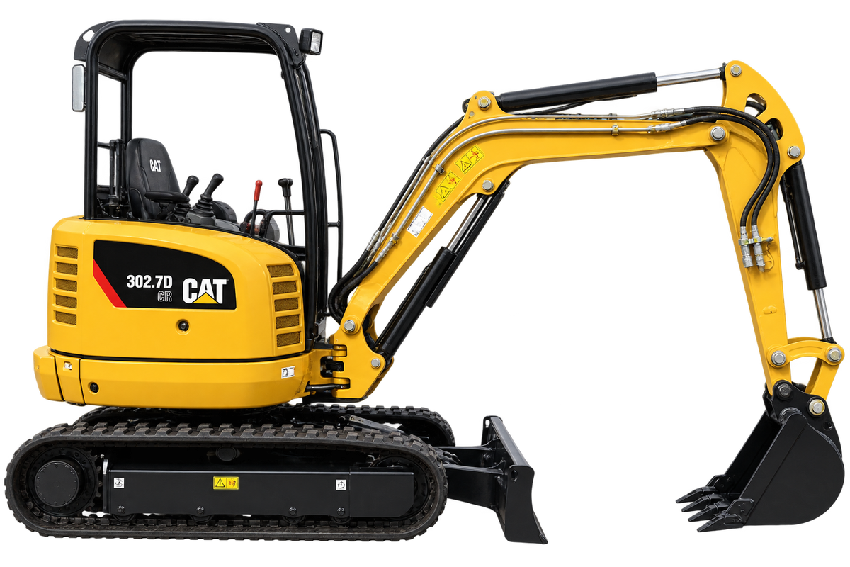 Yellow CAT 302.7D CR mini excavator with black tracks, open canopy, yellow boom and arm, black bucket, and black blade on a transparent background.