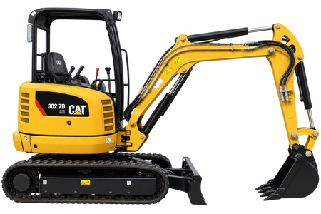 Yellow CAT 302.7D CR mini excavator with black tracks, open canopy, yellow boom and arm, black bucket, and black blade on a transparent background.