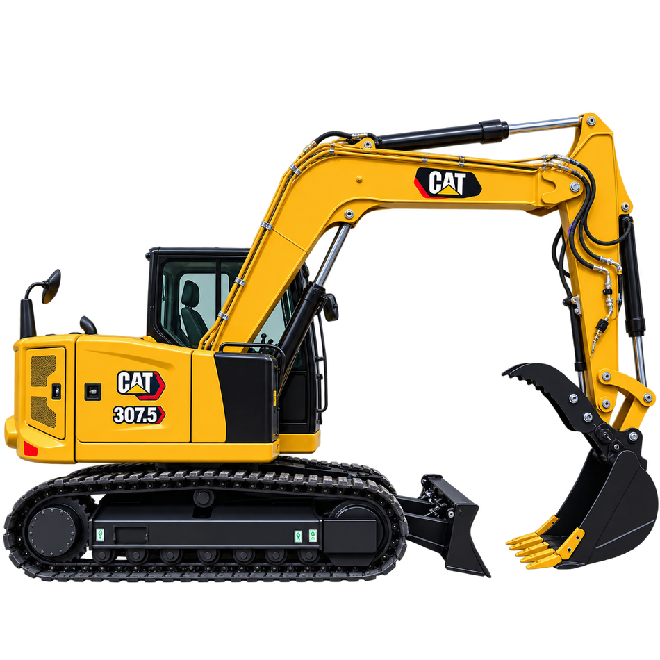 Yellow CAT 307.5 excavator with black tracks, black digging bucket, enclosed cab, and front blade on a transparent background.